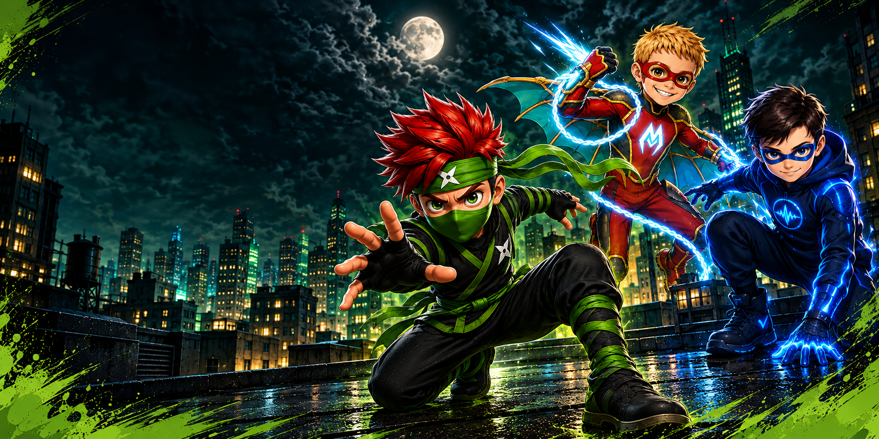 Ninja Kid, Mason Rex and Blue Echo on a rooftop above the city at night