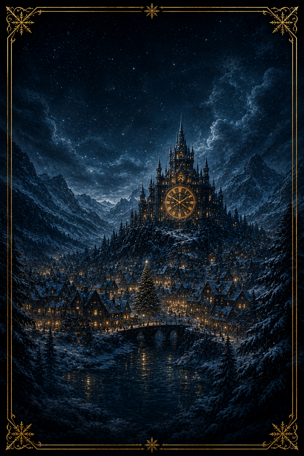 Snow-covered village beneath an enchanted clock castle, with golden Christmas lights and a snowflake border